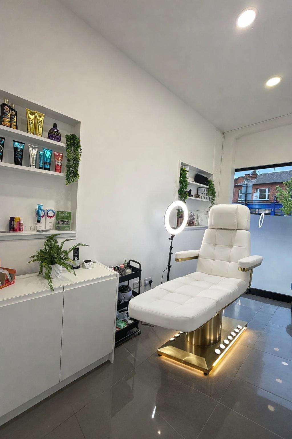 Beauty room product wall and treatment area