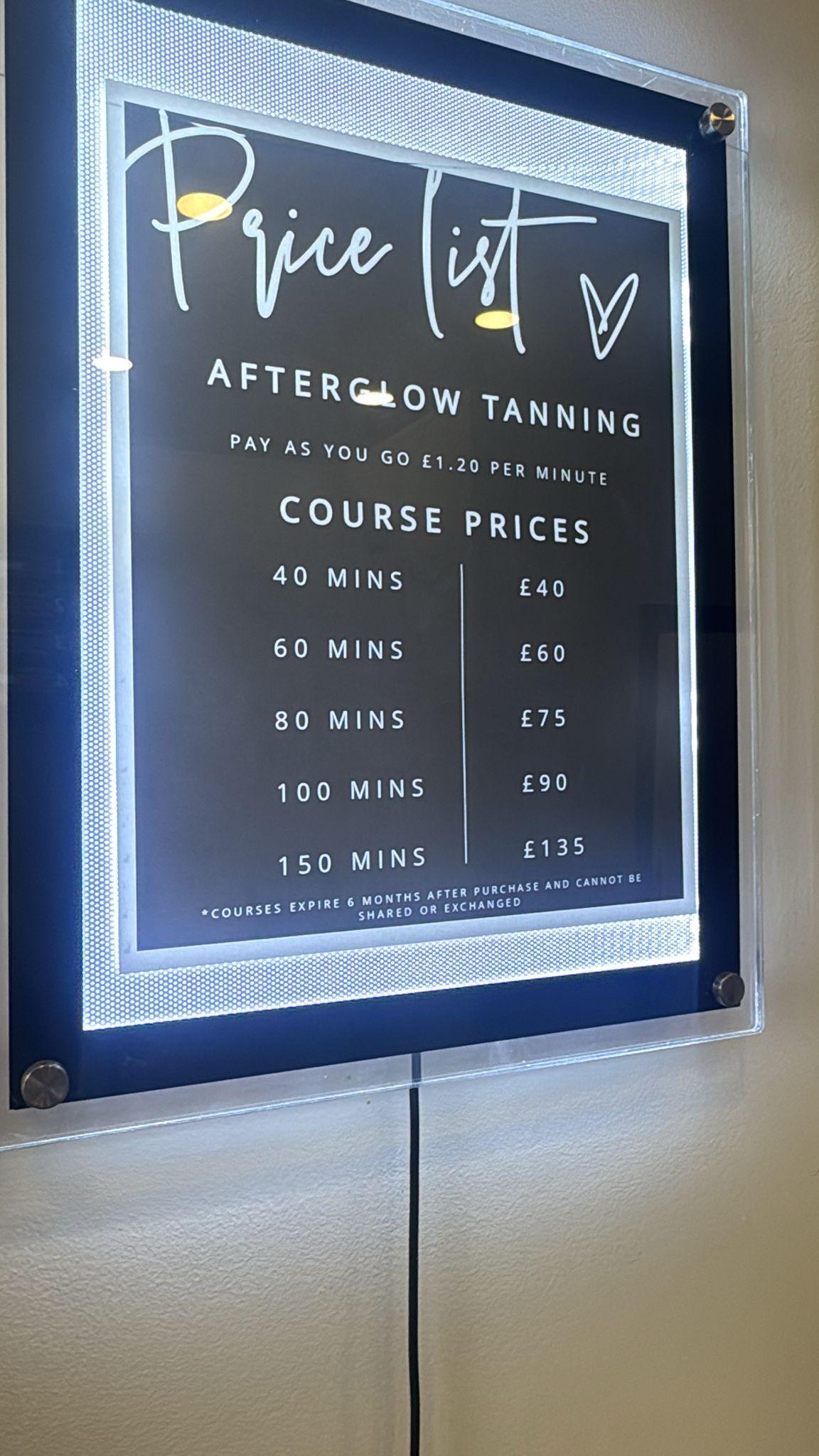 Afterglow Tanning price board